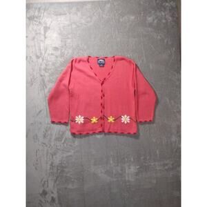 Vintage Hand Knit Cardigan Womens M Pink Daisy Sweater Grandmacore Cottagecore